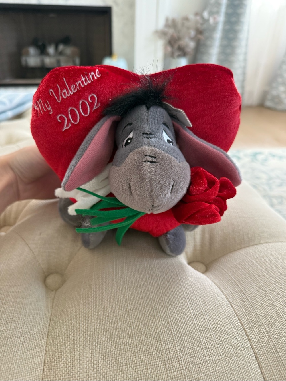 Disney Gray Eeyore Plush with Red Heart and Rose